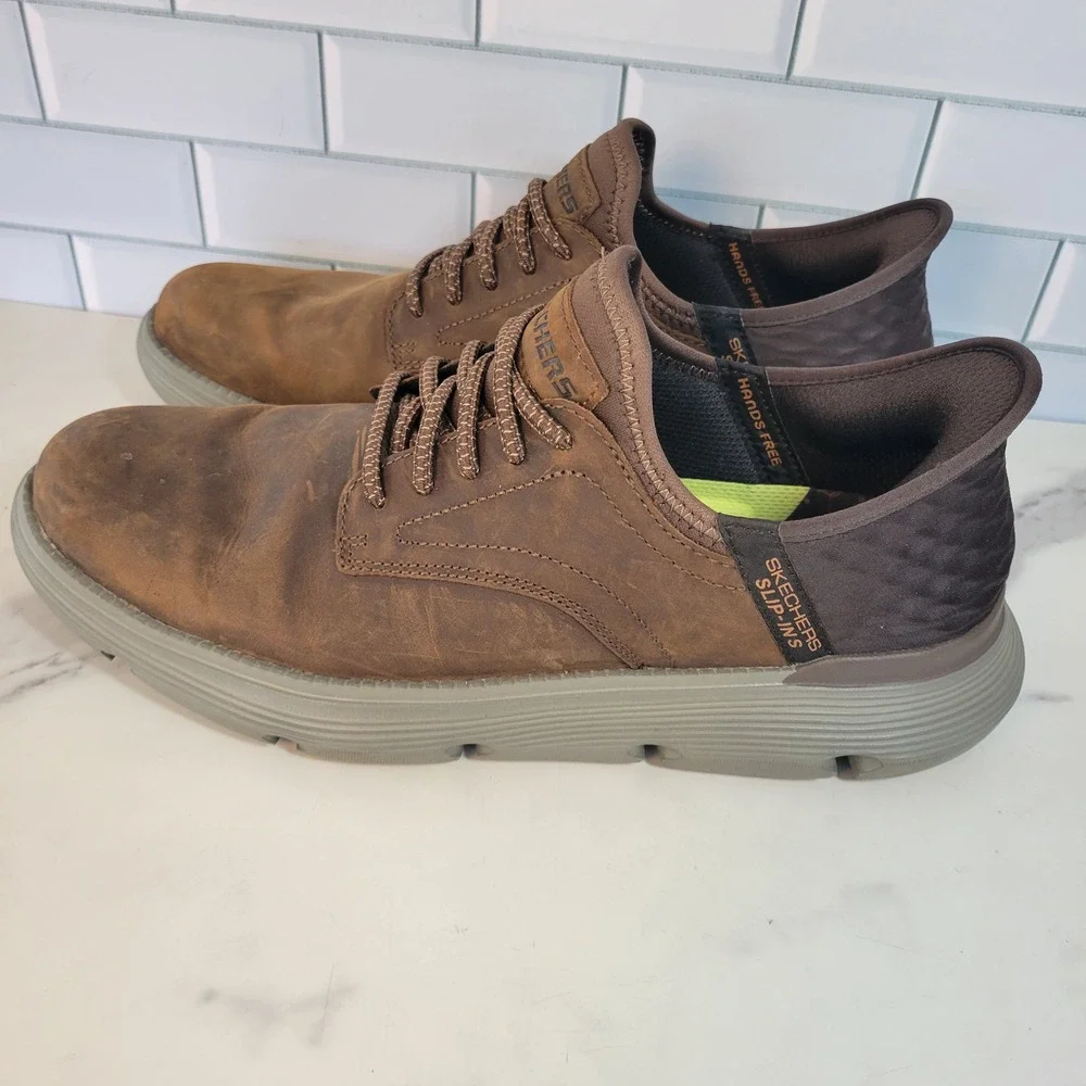 Skechers Slip-ins Garza Gervin Mens 10 Brown Leather Sneakers 205046
